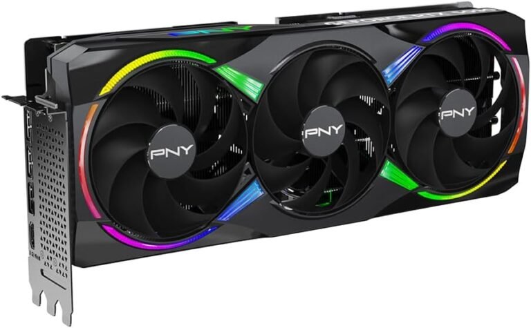PNY branded graphics card with triple cooling fans and RGB lighting accents around each fan, designed for high-performance PC gaming or workstation use.