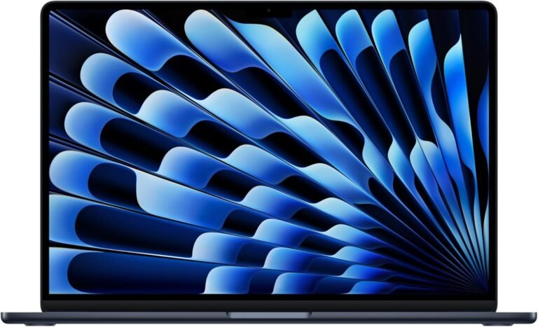 Apple 2025 MacBook Air 15-inch laptop with Retina display, showing blue abstract wallpaper on screen, front view