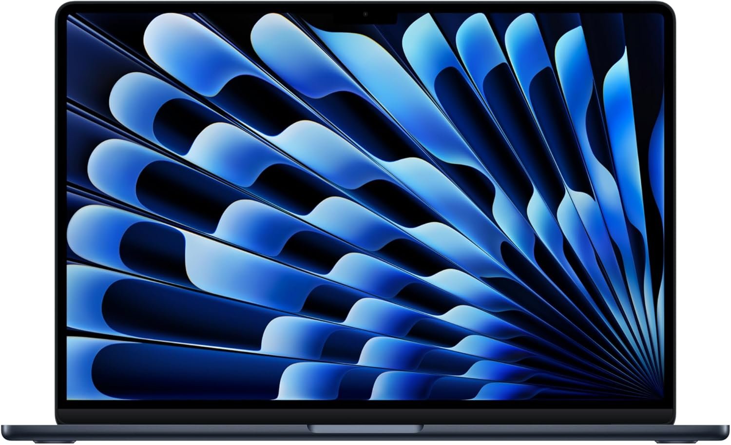 Apple 2025 MacBook Air 15-inch laptop with Retina display, showing blue abstract wallpaper on screen, front view