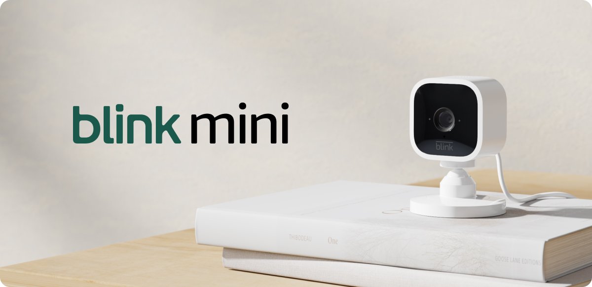 Blink Mini compact indoor security camera on a white stand, displayed on stacked books with the Blink Mini logo beside it.