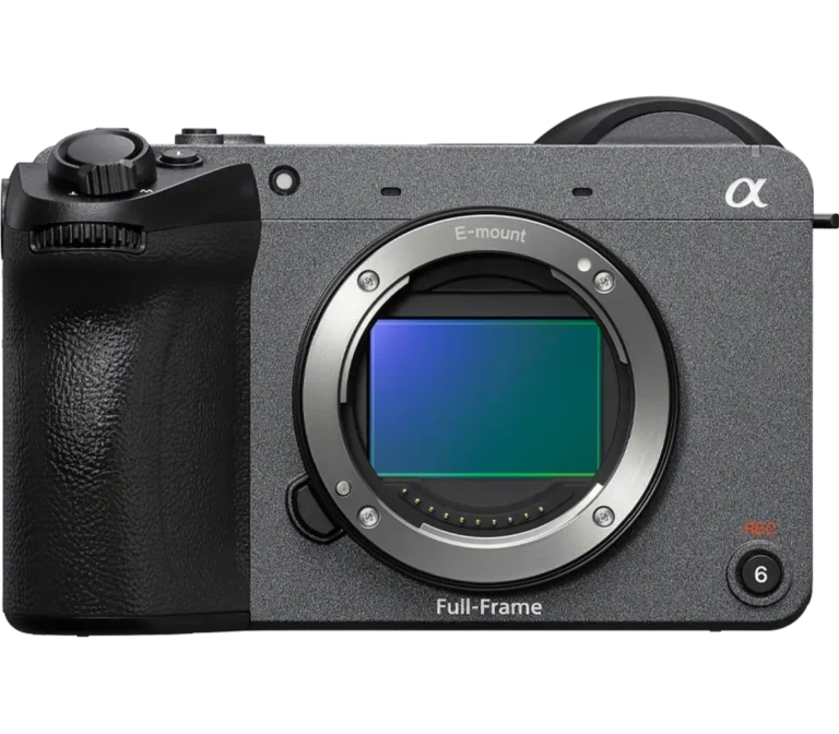 Front view of the Sony FX2 full-frame camera body with the lens removed.