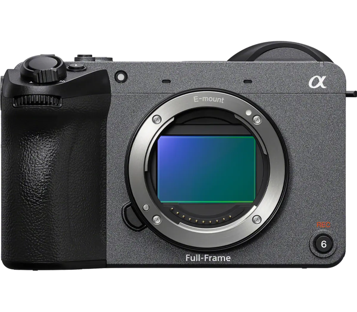 Front view of the Sony FX2 full-frame camera body with the lens removed.