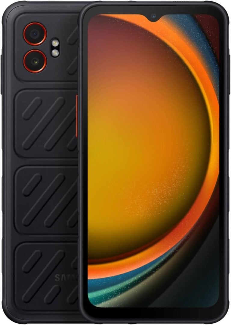Front and back view of the Samsung Galaxy XCover 7 Pro smartphone, featuring a rugged black design with red accents, dual rear cameras, and a textured back for enhanced grip.