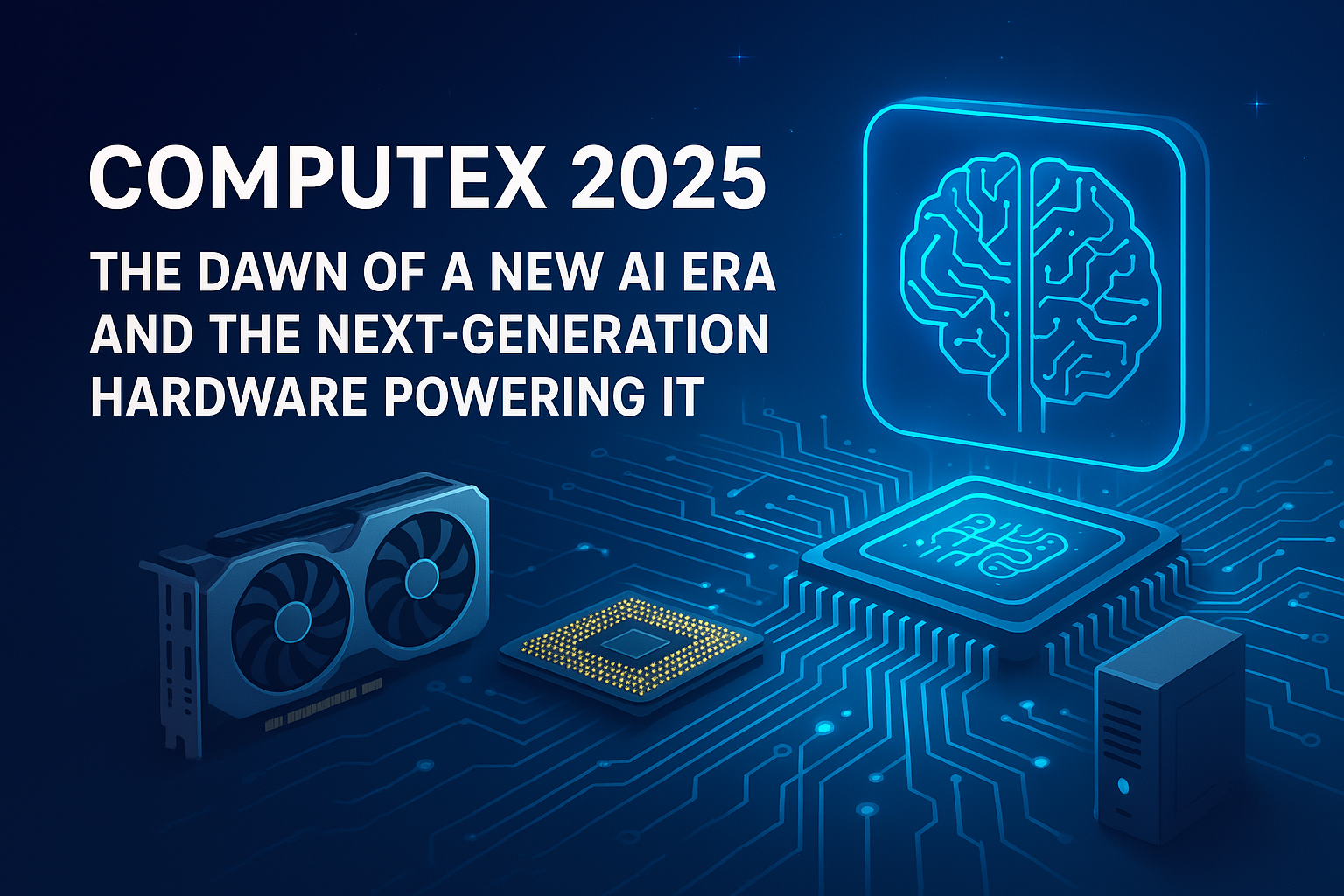 A promotional banner for Computex 2025 with the title, "The Dawn of a New AI Era and the Next-Generation Hardware Powering It." The image features glowing blue icons of a brain (representing AI), a processor chip, a graphics card, and a server tower, all set against a dark, high-tech background with a digital circuit board design.