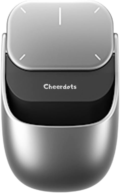 Cheerdots 2 Air Mouse in its charging case, featuring a sleek silver and black design with a minimalist touchpad on top marked by directional indicators.