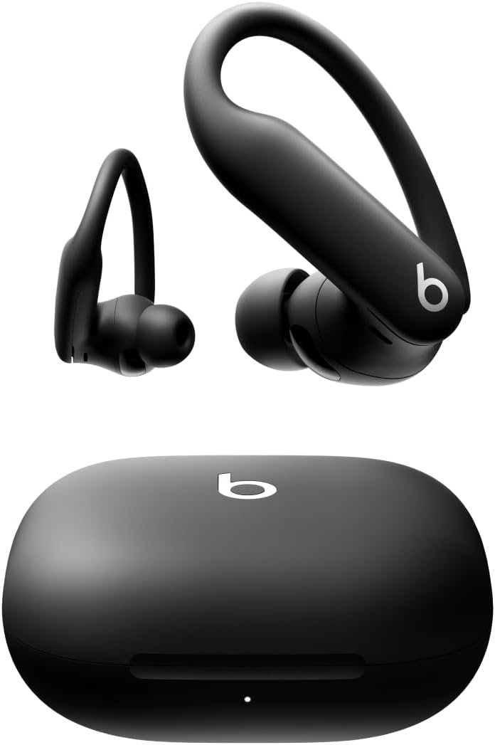 A pair of black Powerbeats Pro 2 wireless earbuds with their charging case.