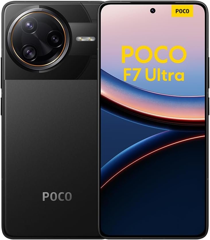 Front and back view of the POCO F7 Ultra smartphone in black, featuring a large circular rear camera module with three lenses and LED flash, and a full-screen front display with a centered punch-hole camera. The screen shows the text "POCO F7 Ultra" in yellow.