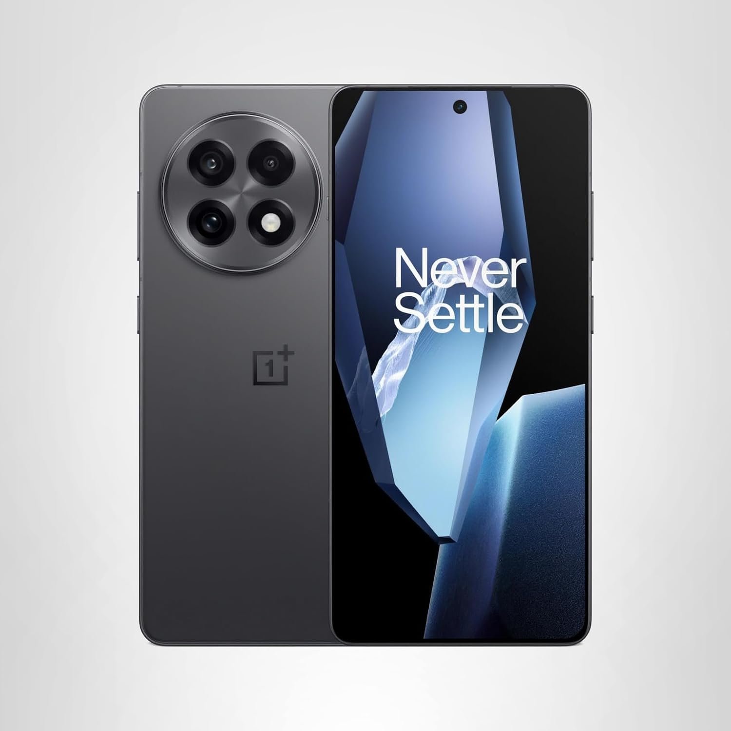 OnePlus smartphone with a large display showing 'Never Settle' slogan and a circular triple-camera module on the back in a sleek gray design.