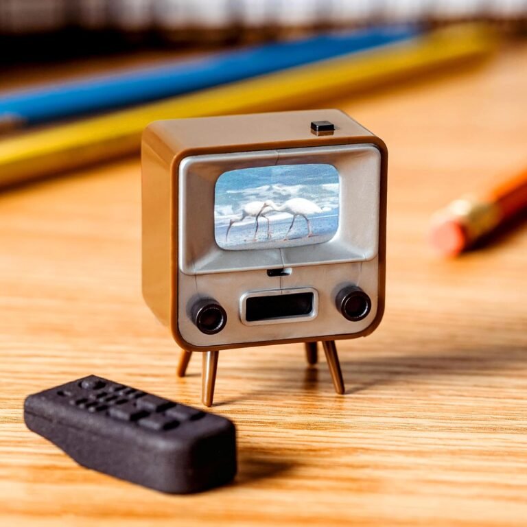 A small, brown, retro-style miniature television, the TinyTV 2, sits on a wooden desk. Its screen is on, displaying an image of two white birds on a beach. A tiny black remote control rests in the foreground, with colourful pencils blurred in the background.