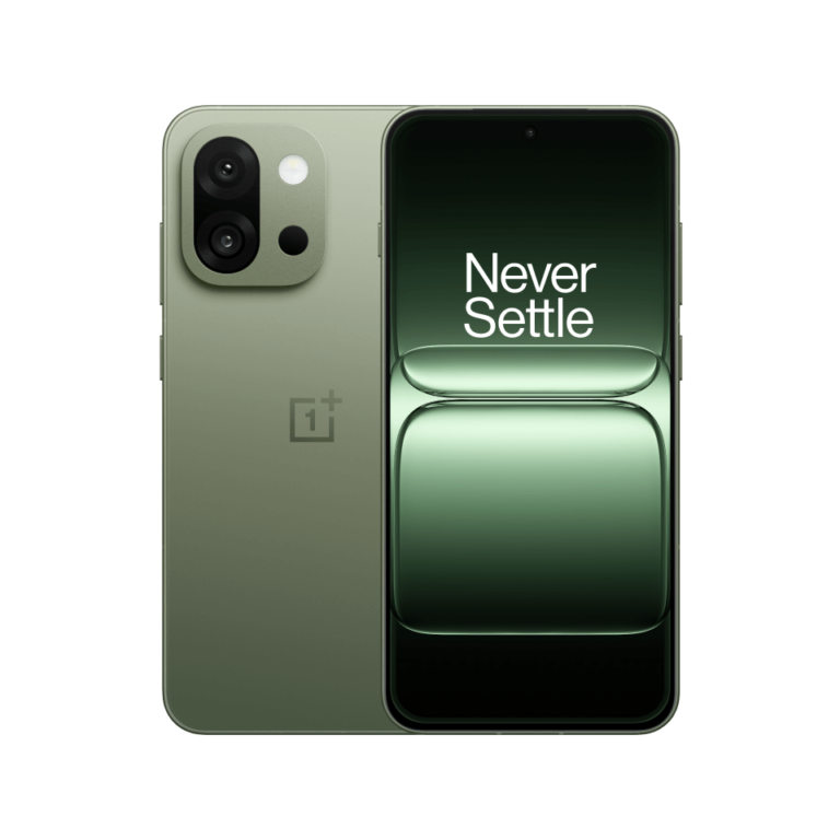 OnePlus 13S in Green Silk color showcasing front display with "Never Settle" slogan and dual rear camera setup.