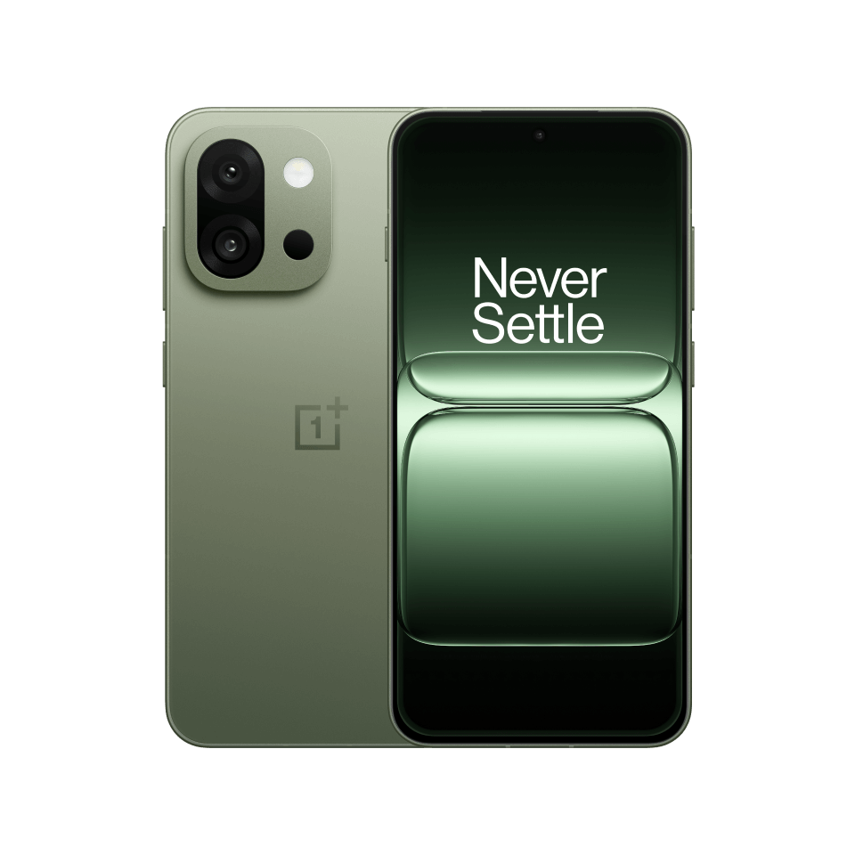 OnePlus 13S in Green Silk color showcasing front display with "Never Settle" slogan and dual rear camera setup.
