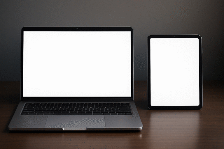 An open laptop and a tablet are sitting side-by-side on a dark wooden desk. Both devices have blank, white screens and are positioned against a plain, dark background.