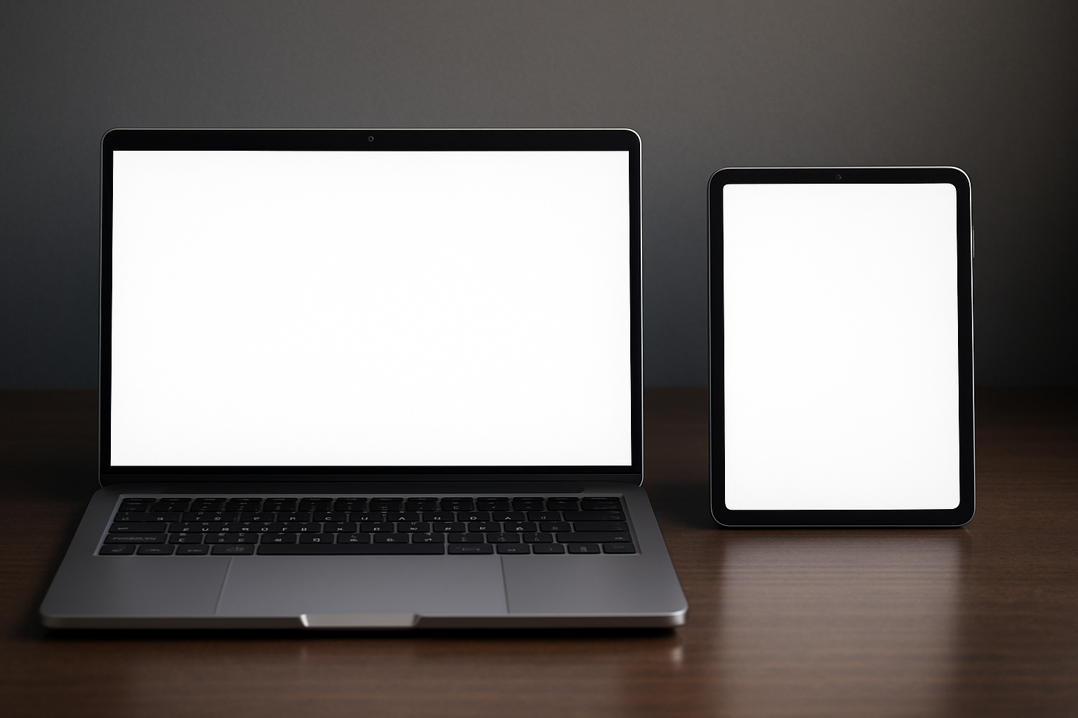 An open laptop and a tablet are sitting side-by-side on a dark wooden desk. Both devices have blank, white screens and are positioned against a plain, dark background.