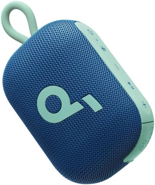 Anker Soundcore Select 4 Go Bluetooth speaker in blue with a mint green accent, featuring a fabric mesh grille, side control buttons, and a built-in loop for carrying. The Soundcore logo is prominently displayed on the front.