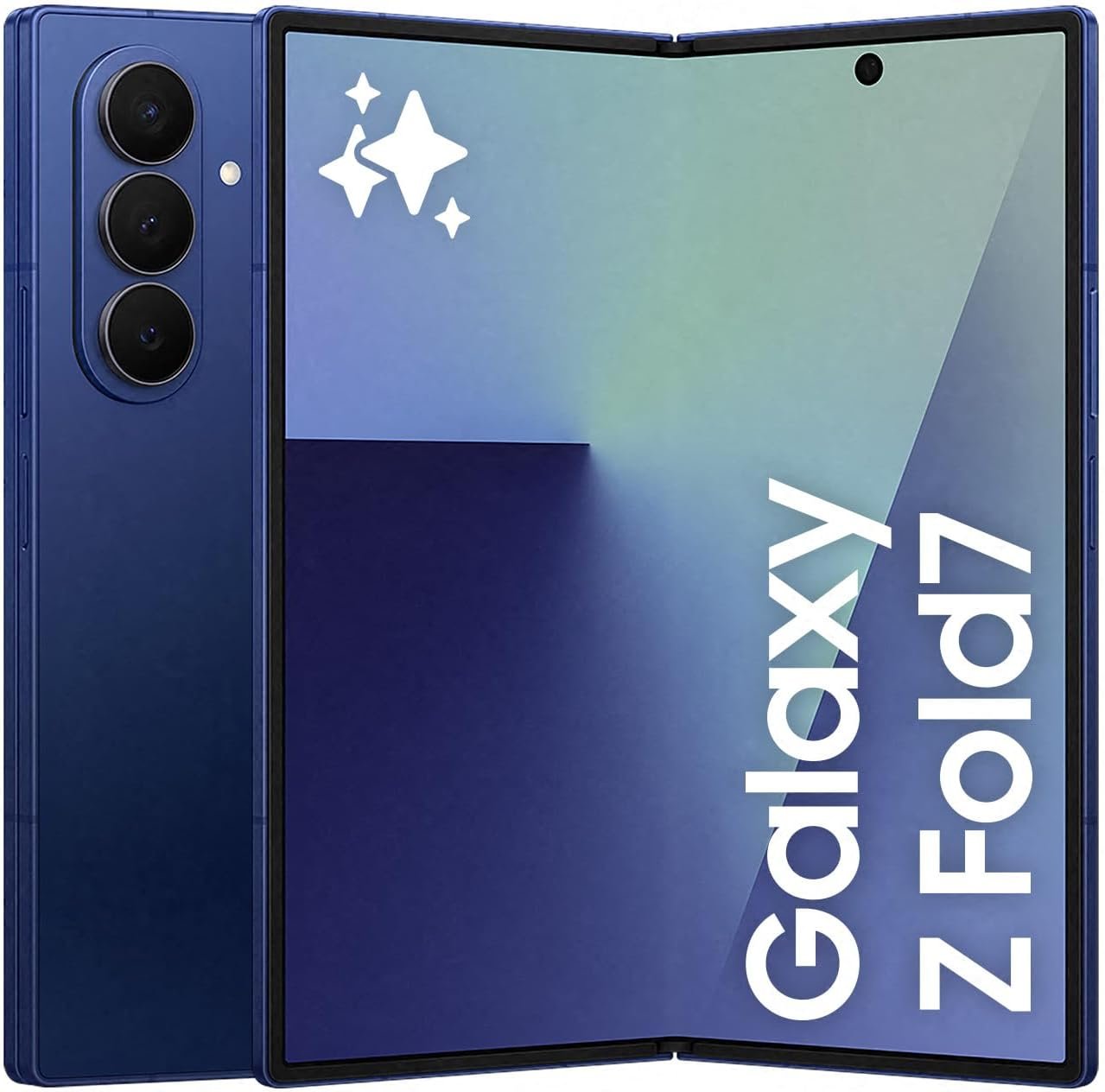 This is a Samsung Galaxy Z Fold device in blue, shown unfolded to reveal its large tablet-sized inner display. The device features a triple camera system on the back and displays "Galaxy Z Fold7" branding, suggesting this is a concept image of an upcoming model in Samsung's book-style foldable phone series.