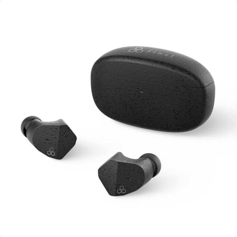 A pair of black Final ZE3000 true wireless earbuds with their charging case.