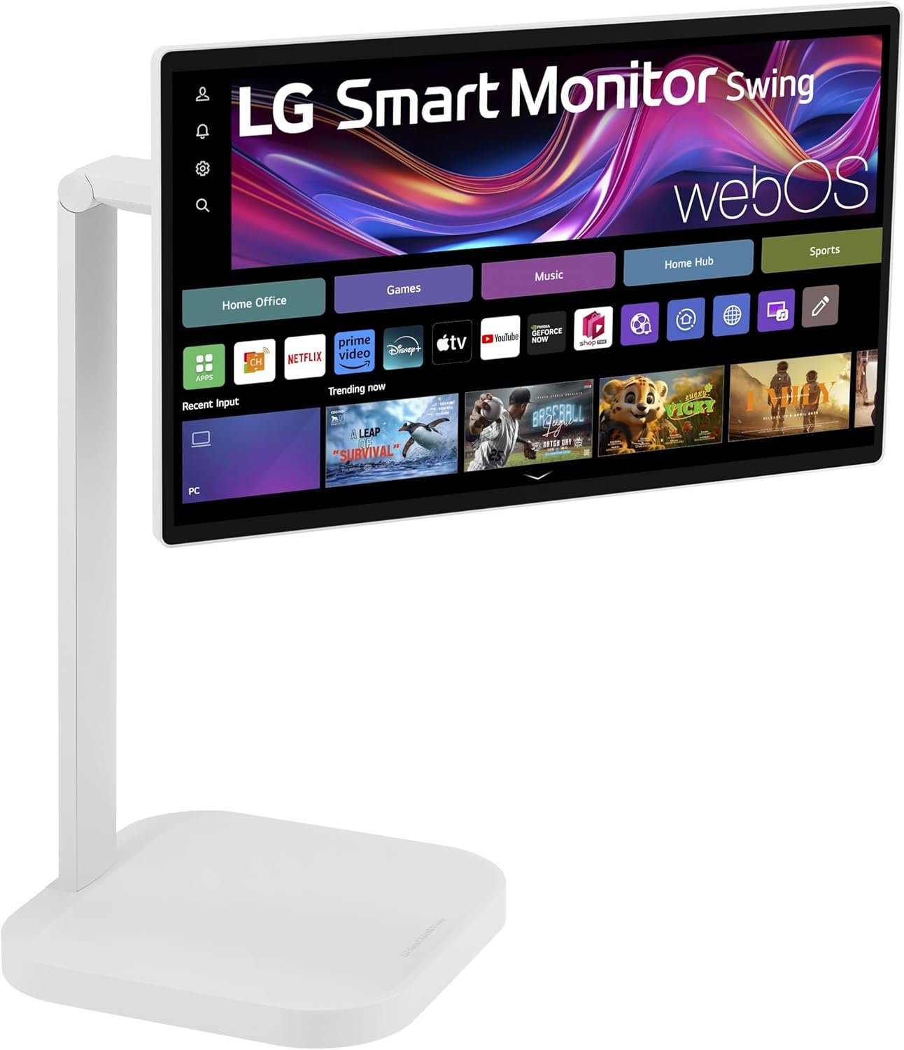 LG Smart Monitor Swing with webOS interface, shown in white with rotating stand, displaying smart TV apps including Netflix, YouTube, Prime Video, and more.