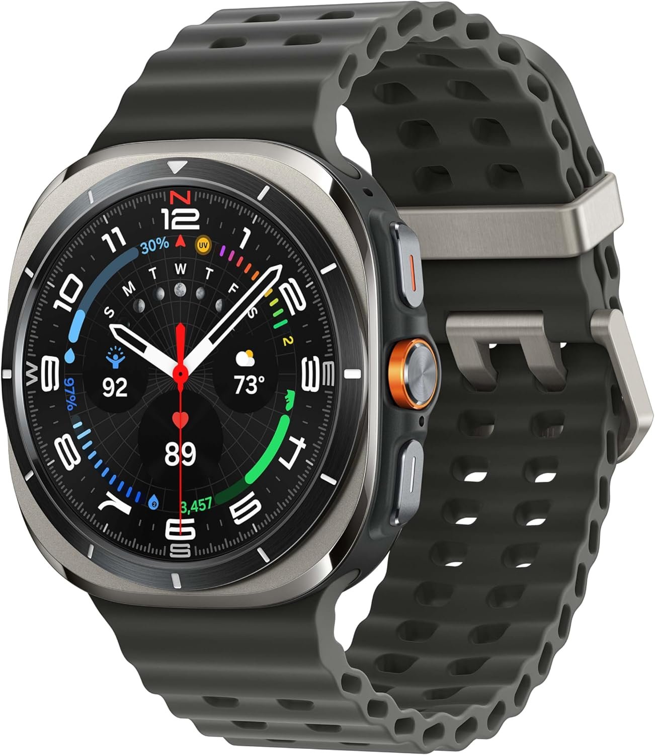 The Galaxy Watch Ultra 2025 features a sleek, modern design with a rugged black perforated strap and a silver bezel. The watch face displays multiple functionalities, including time, heart rate (92 bpm), UV index, weather conditions (73°F), steps taken (3,457), and other health metrics. The interface is clean and intuitive, showcasing the device's advanced smartwatch capabilities.