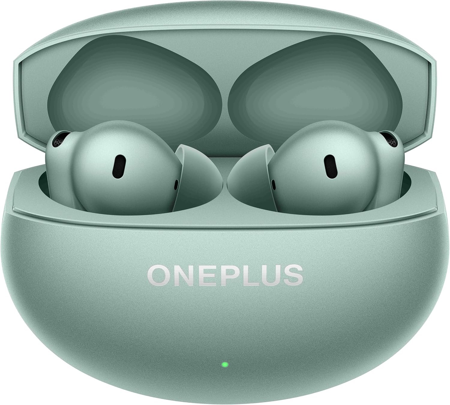 OnePlus Buds 4 true wireless earbuds in Zen Green inside their open charging case, showcasing the compact matte design and in‑ear fit.