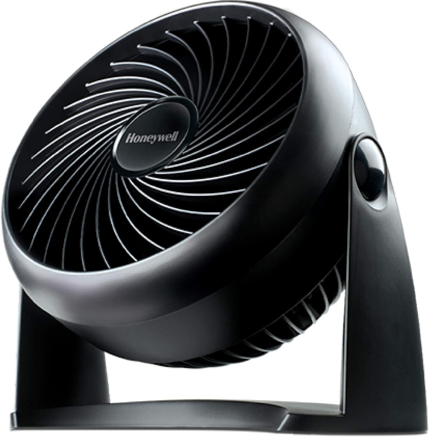 Close-up of a compact black Honeywell TurboForce Fan HT-900, angled slightly upwards, highlighting its unique spiral grille design and the 'Honeywell' logo in the center.