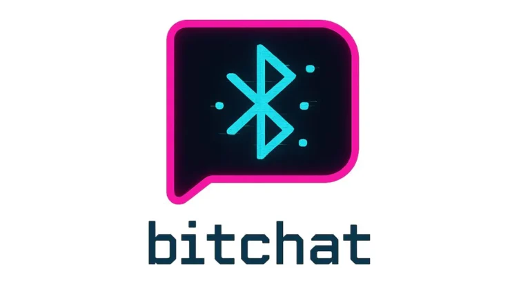 BitChat logo featuring a neon pink speech bubble with a bright blue Bluetooth symbol inside, and 'bitchat' in a digital-style font below.