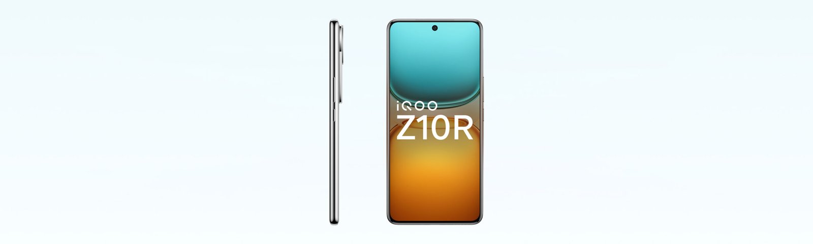 Front and side view of the iQOO Z10R smartphone, showcasing its sleek design, centered punch-hole front camera, and edge-to-edge display with a gradient blue-to-orange wallpaper.
