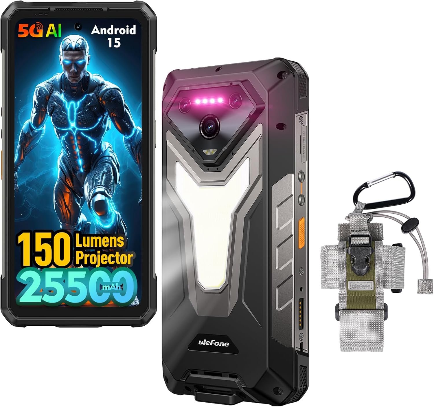 Ulefone Armor 34 rugged smartphone with Android 15, 5G AI support, 150 lumens projector, and massive 25,500mAh battery, shown with front and back views plus a tactical carrying holster.