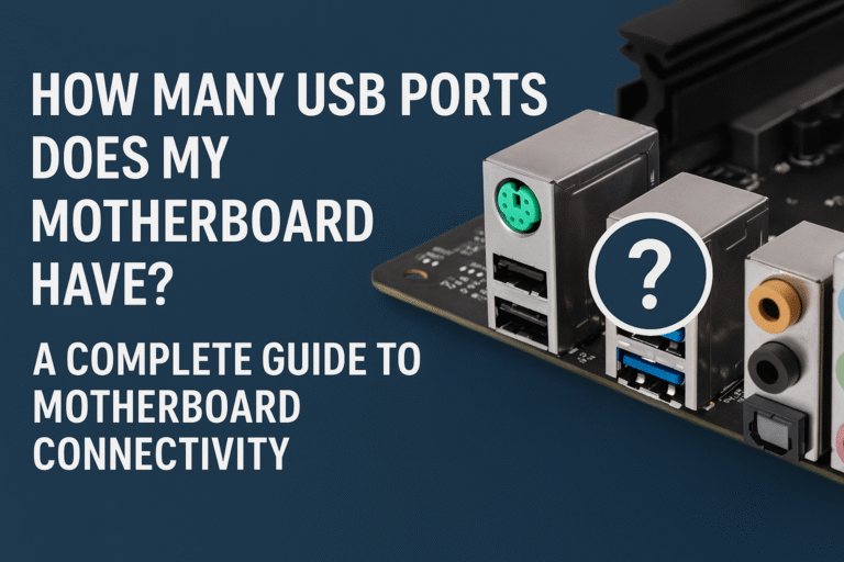 Close-up of a motherboard’s rear I/O panel showing various USB ports and connectors, with a question mark icon highlighting the USB ports. Text on the left reads: 'How Many USB Ports Does My Motherboard Have? A Complete Guide to Motherboard Connectivity.