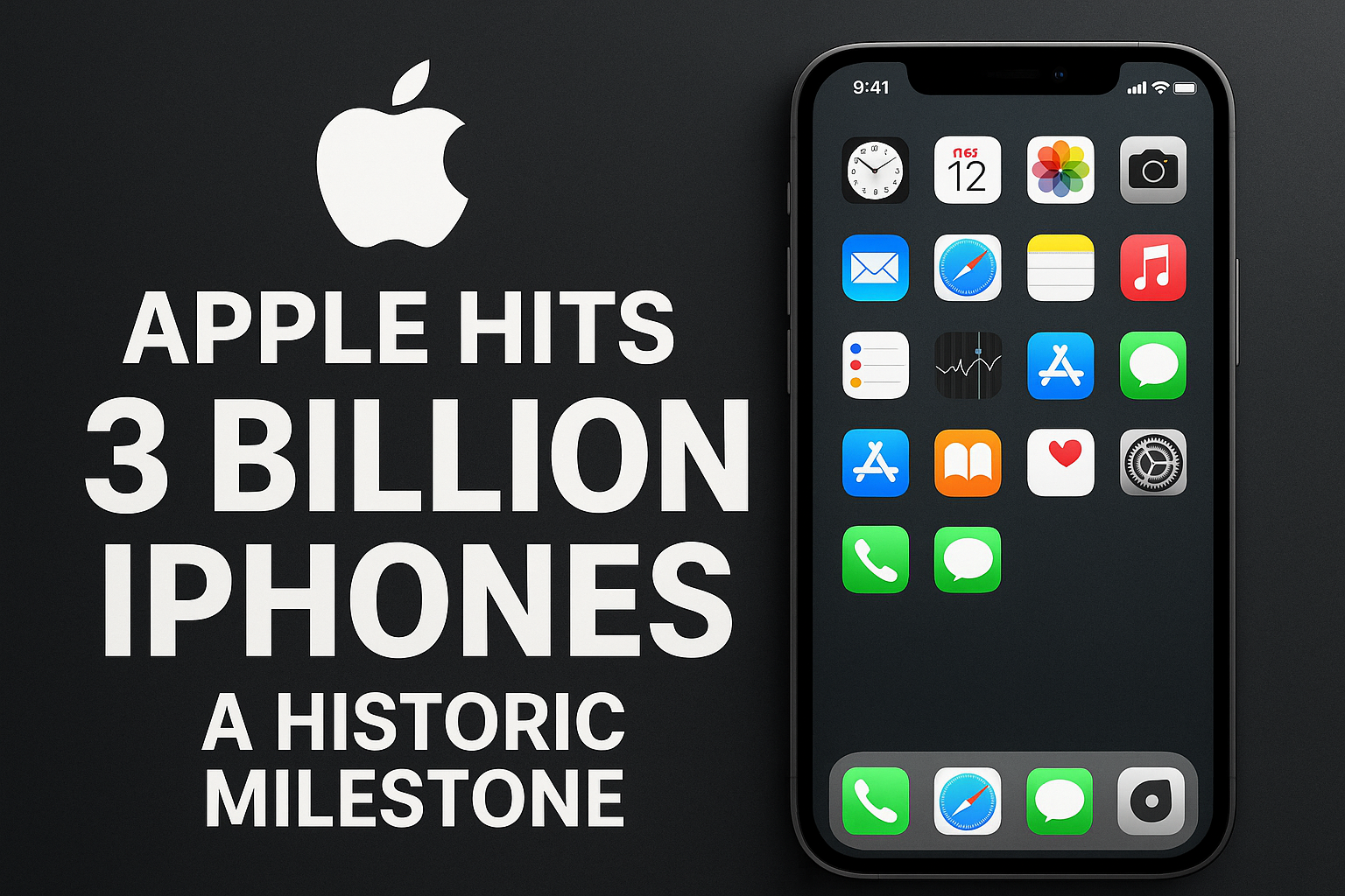 Apple milestone graphic showing iPhone screen with text 'Apple Hits 3 Billion iPhones, A Historic Milestone' alongside Apple logo on a dark background.