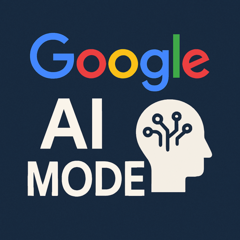 Google AI Mode logo with the Google wordmark in multicolored letters above the text “AI MODE.” To the right, a silhouette of a human head contains a circuit-like design, symbolizing artificial intelligence.