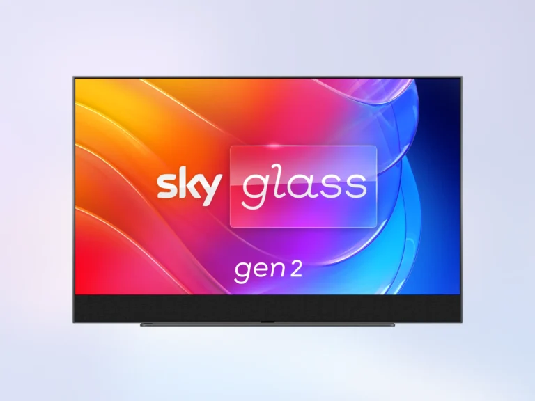 Sky Glass Gen 2 smart TV with vibrant gradient display, shown front-on with logo on screen.