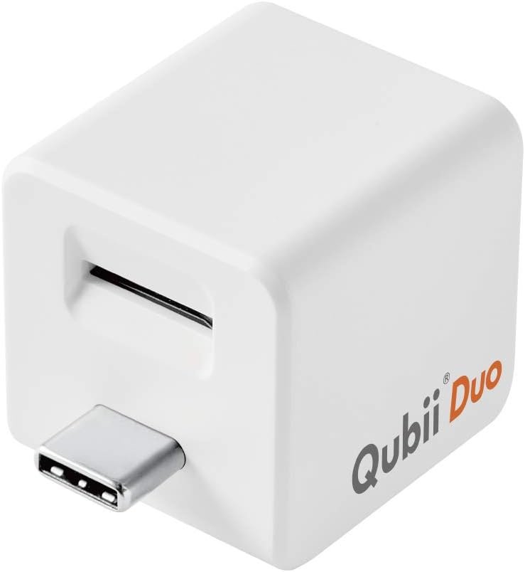 A compact white Qubii Duo backup device with a USB-C connector and a built-in SD card slot for automatic data backup.
