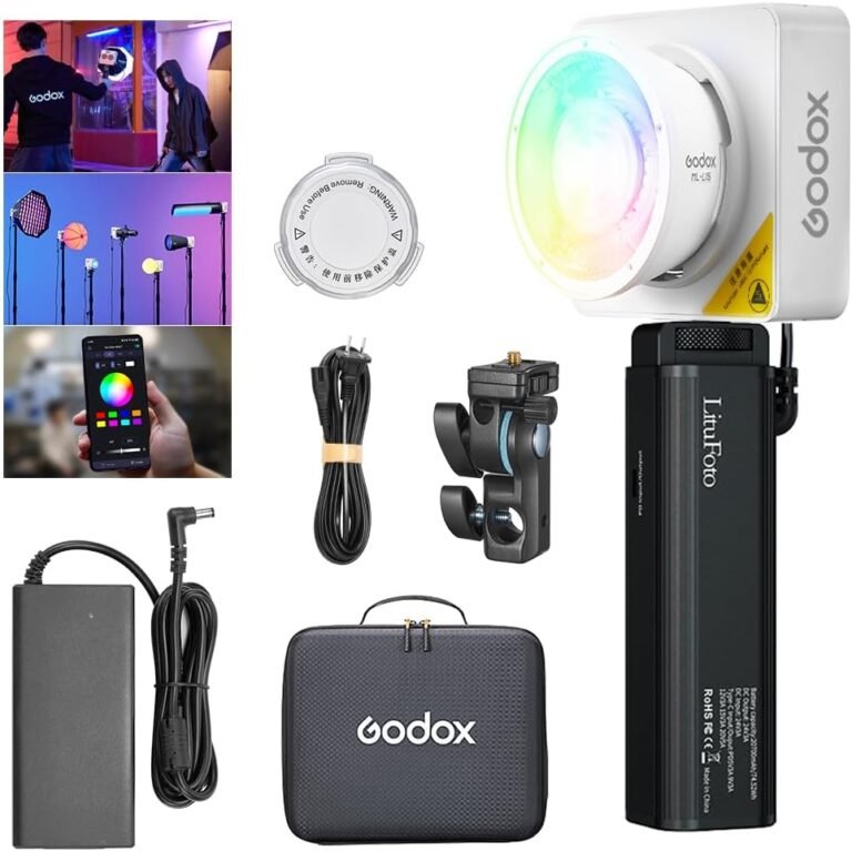 Godox ML100R RGB LED light kit with circular light, control dial, accessories, and app-based color control.