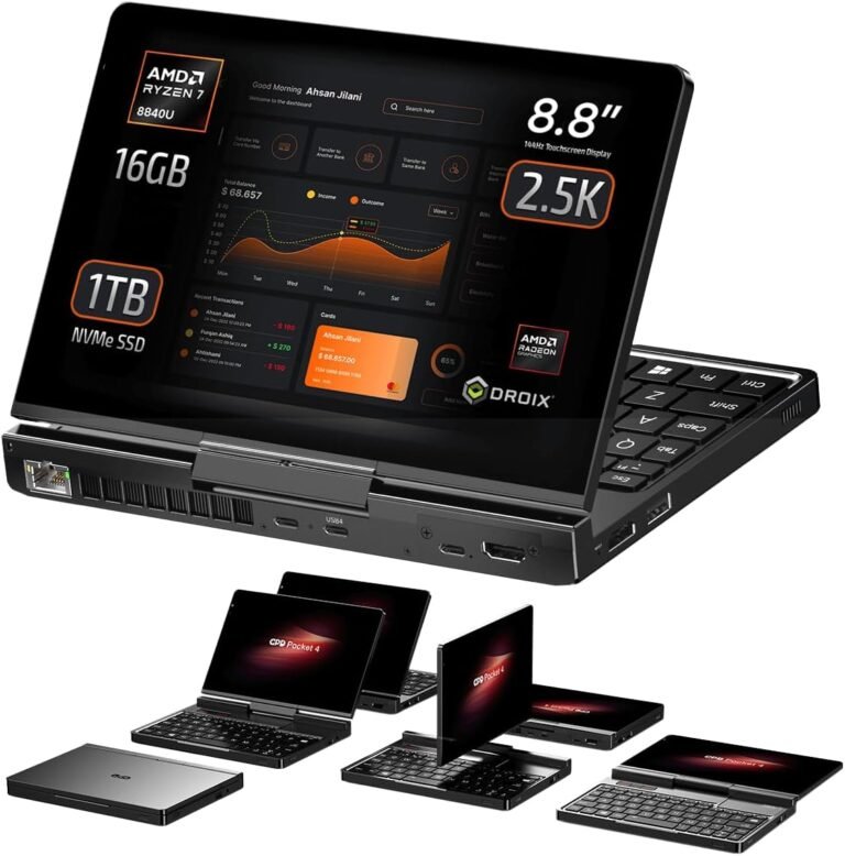Compact GPD Pocket 4 mini laptop with an 8.8-inch 2.5K touchscreen, shown in multiple folding configurations. Main screen displays system metrics powered by AMD Ryzen 7 8840U, 16GB RAM, and 1TB SSD—highlighting its high-performance, ultra-portable design.