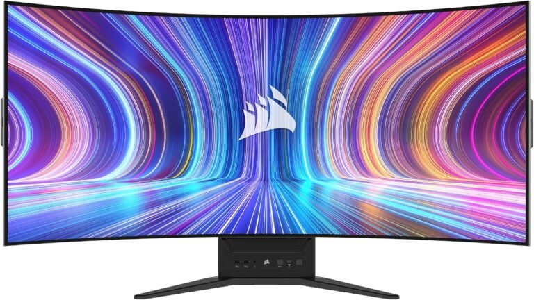 Corsair Xeneon Flex 45WQHD240 curved monitor displaying vibrant RGB tunnel graphic with logo centered.