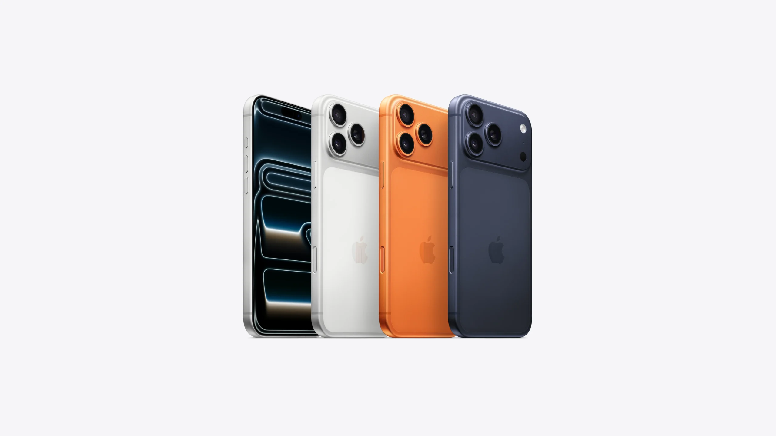 Apple iPhone 17 lineup in multiple colors including silver, white, orange, and dark blue, shown from front and back angles highlighting the display and triple-camera design.