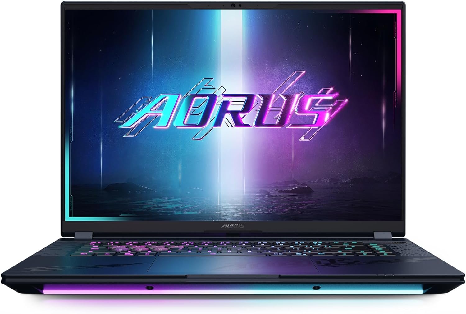 Gigabyte AORUS gaming laptop with RGB keyboard and neon-lit AORUS logo on the display.