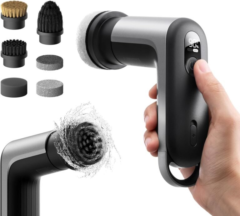 Handheld HOTO Grip cordless electric spin scrubber with multiple interchangeable brush and pad attachments, shown in use with water splashing for powerful cleaning.