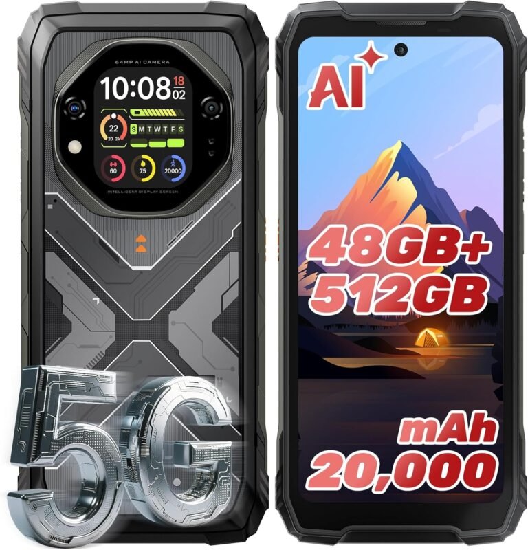 Oscal Tank 1 rugged smartphone shown front and back. Features include a circular rear camera module with mini display showing time, date, and weather. Front screen displays scenic mountain wallpaper with 'AI' icon. Key specs highlighted: 48GB RAM, 512GB storage, 20,000mAh battery, and 5G connectivity. Futuristic, durable design for extreme environments.