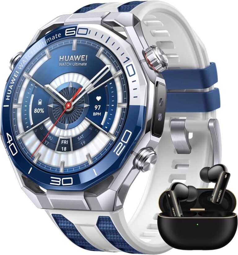 Huawei Watch Ultimate 2 smartwatch with blue and silver design, showing heart rate and battery level on display, paired with Huawei FreeBuds wireless earbuds in black charging case.
