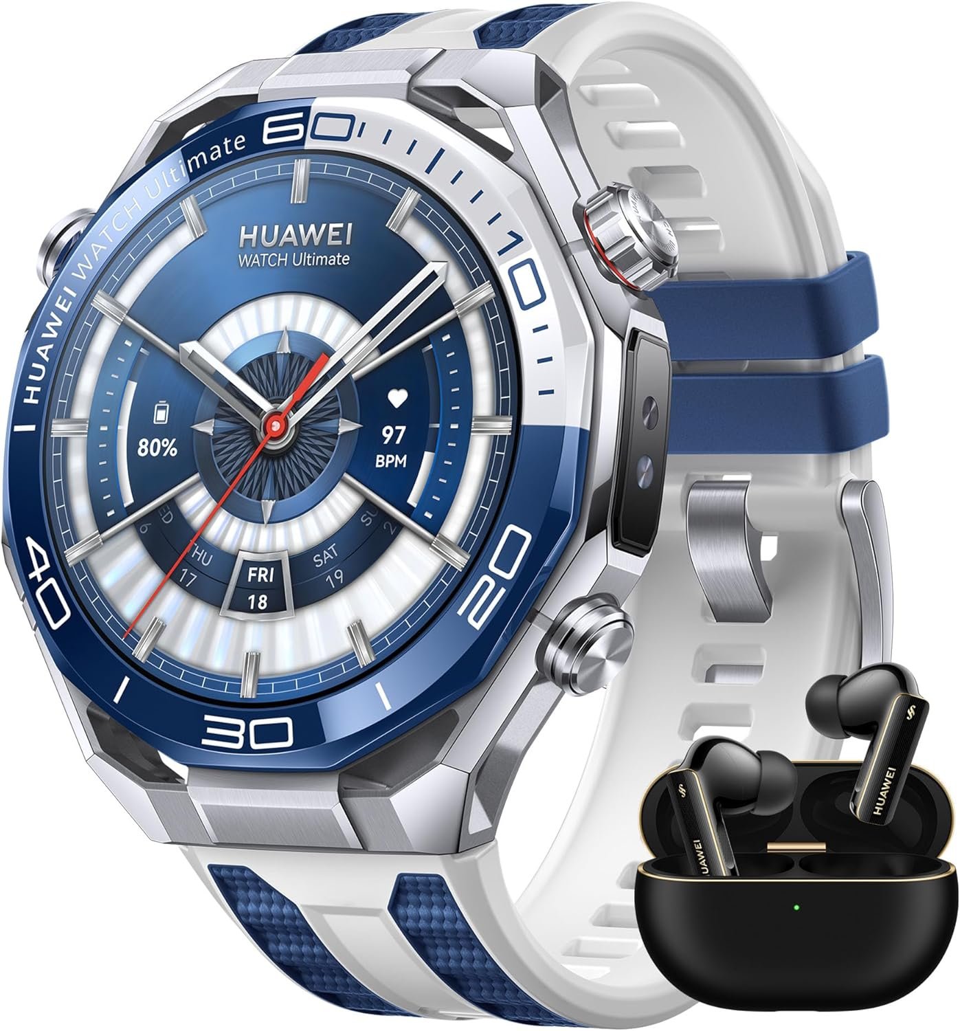 Huawei Watch Ultimate 2 smartwatch with blue and silver design, showing heart rate and battery level on display, paired with Huawei FreeBuds wireless earbuds in black charging case.