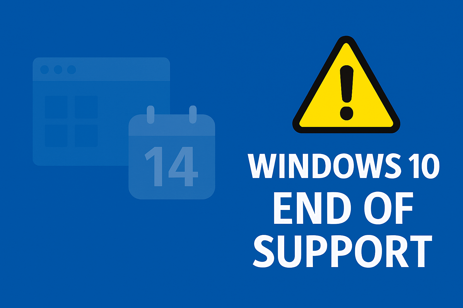 Digital graphic illustrating the end of support for Windows 10. A stylized computer interface fades into a muted blue background, accompanied by a calendar marked ‘October 2025’ and a yellow warning triangle with an exclamation mark. The composition suggests a transition and highlights the cessation of security updates.