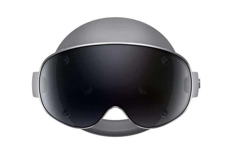 Front view of the Samsung Galaxy XR mixed reality headset showing its sleek visor design and multiple front cameras for immersive XR experiences.
