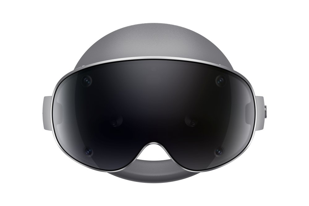Front view of the Samsung Galaxy XR mixed reality headset showing its sleek visor design and multiple front cameras for immersive XR experiences.