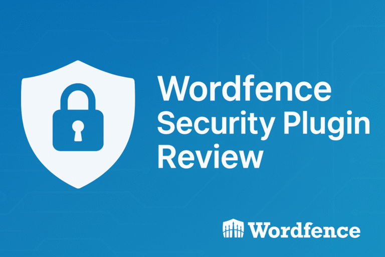 Blue graphic with a white shield and padlock icon beside the text ‘Wordfence Security Plugin Review.