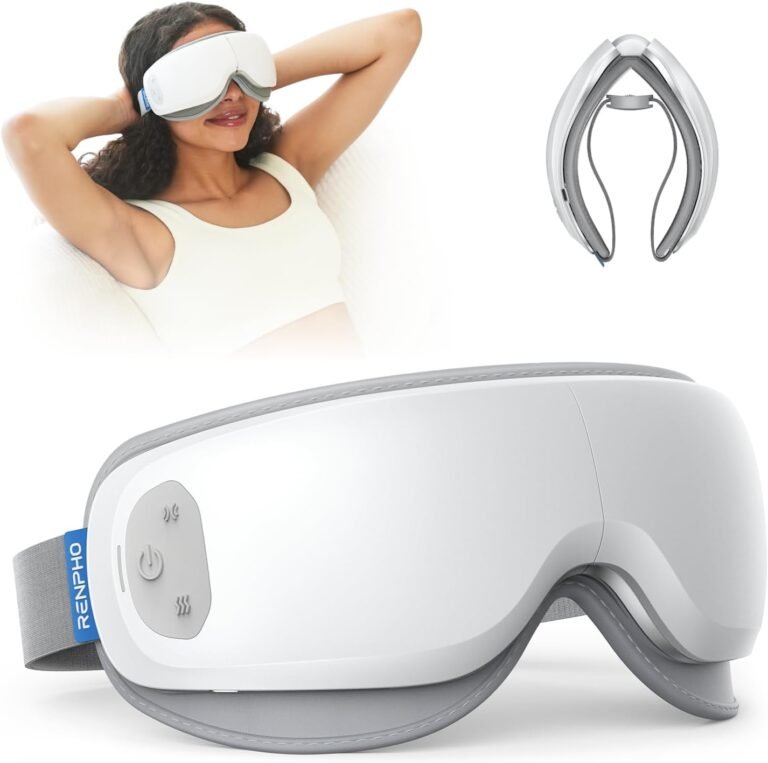 A woman relaxes while wearing a RENPHO Eyeris Zen Eye Massager, a sleek white and gray wireless eye massage device featuring built-in heating and vibration settings. The image also shows a close-up of the folded massager, highlighting its compact and portable design.