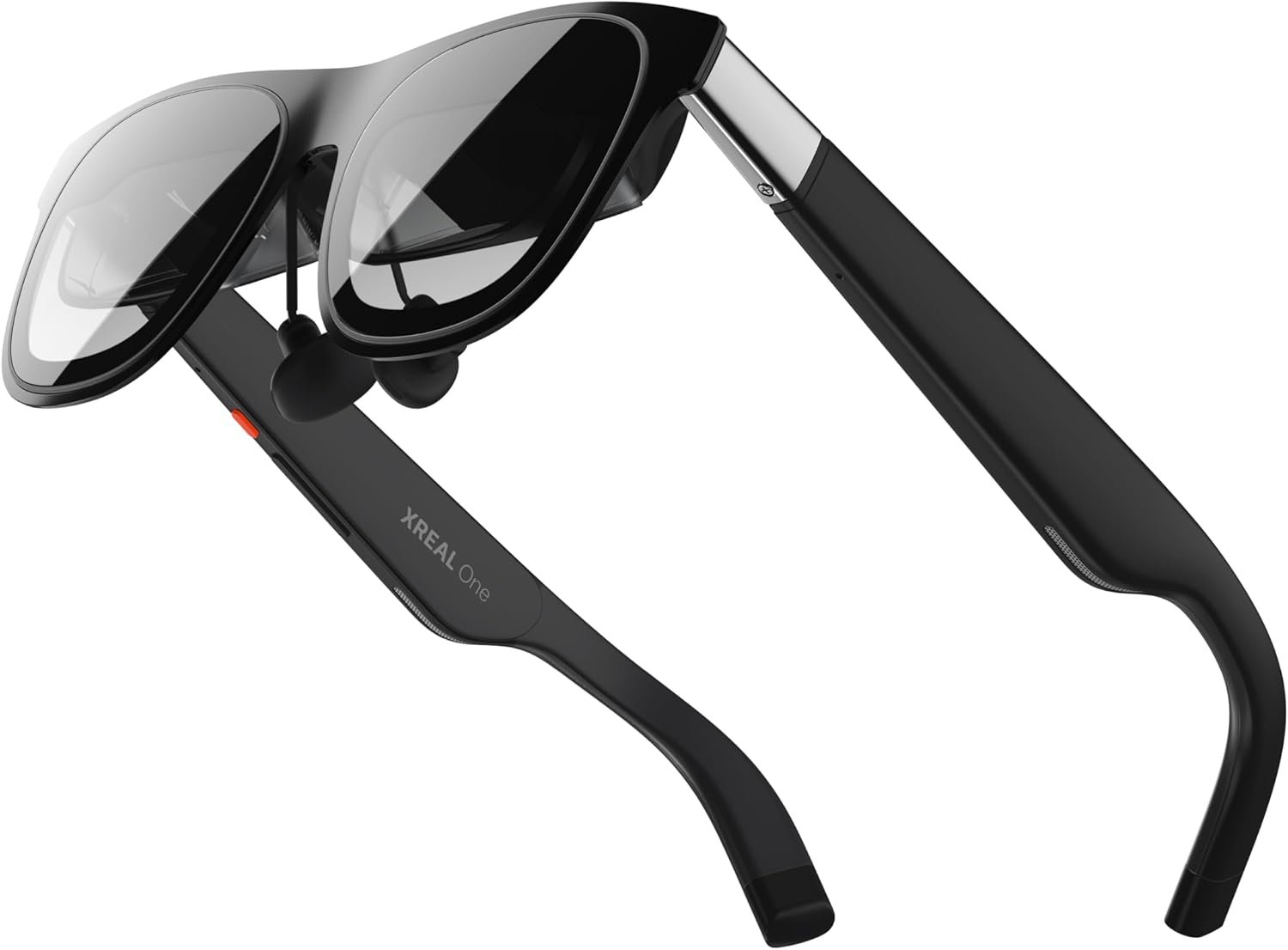XREAL One AR Glasses in black, featuring a sleek sunglasses-style design with built-in speakers and slim side arms, shown at an angled view highlighting the frame and earpiece details.