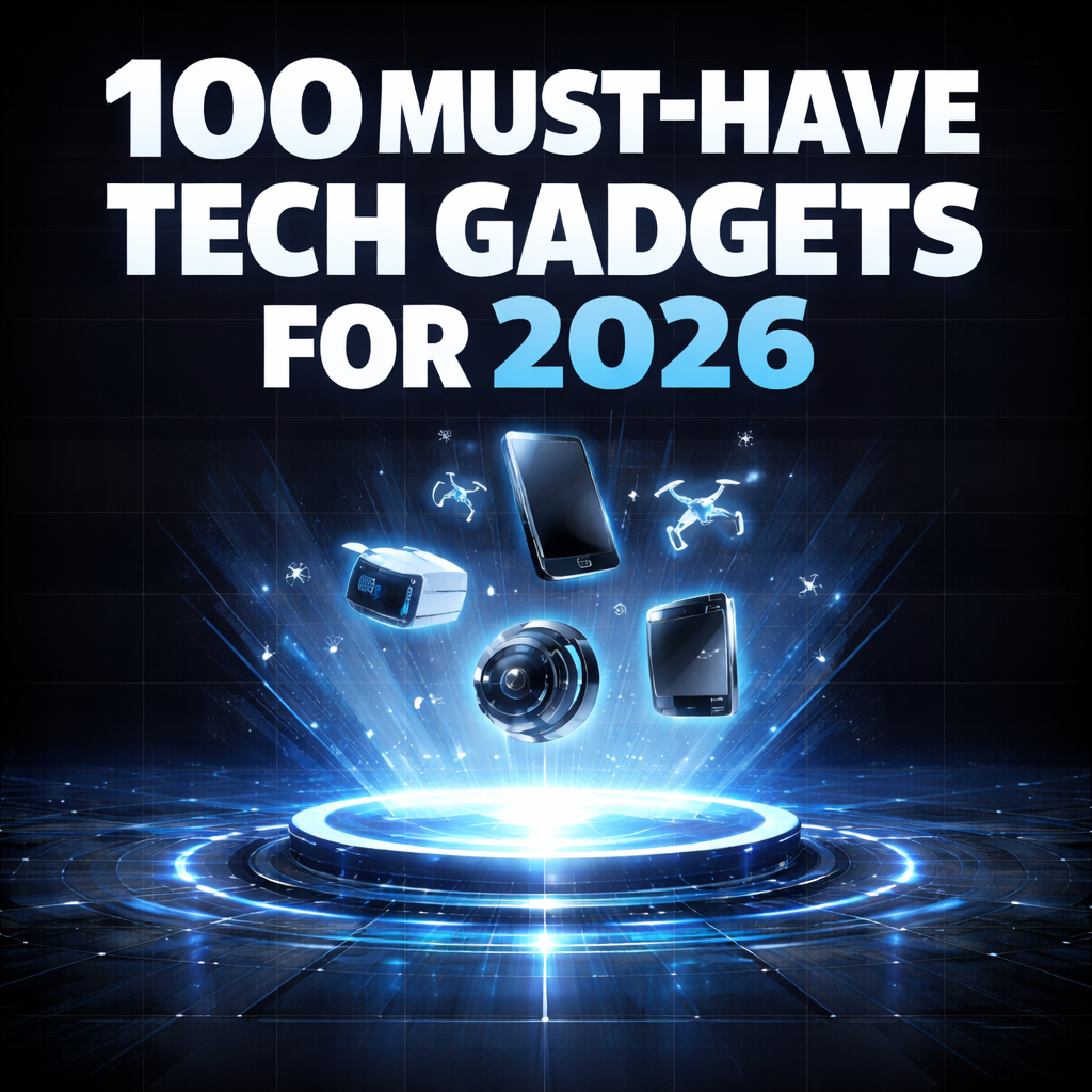 Square futuristic cover image featuring oversized bold typography that says “100 Must-Have Tech Gadgets for 2026,” set on a dark grid-style background with blue neon highlights, glowing energy rings, and abstract technology elements floating at the center.