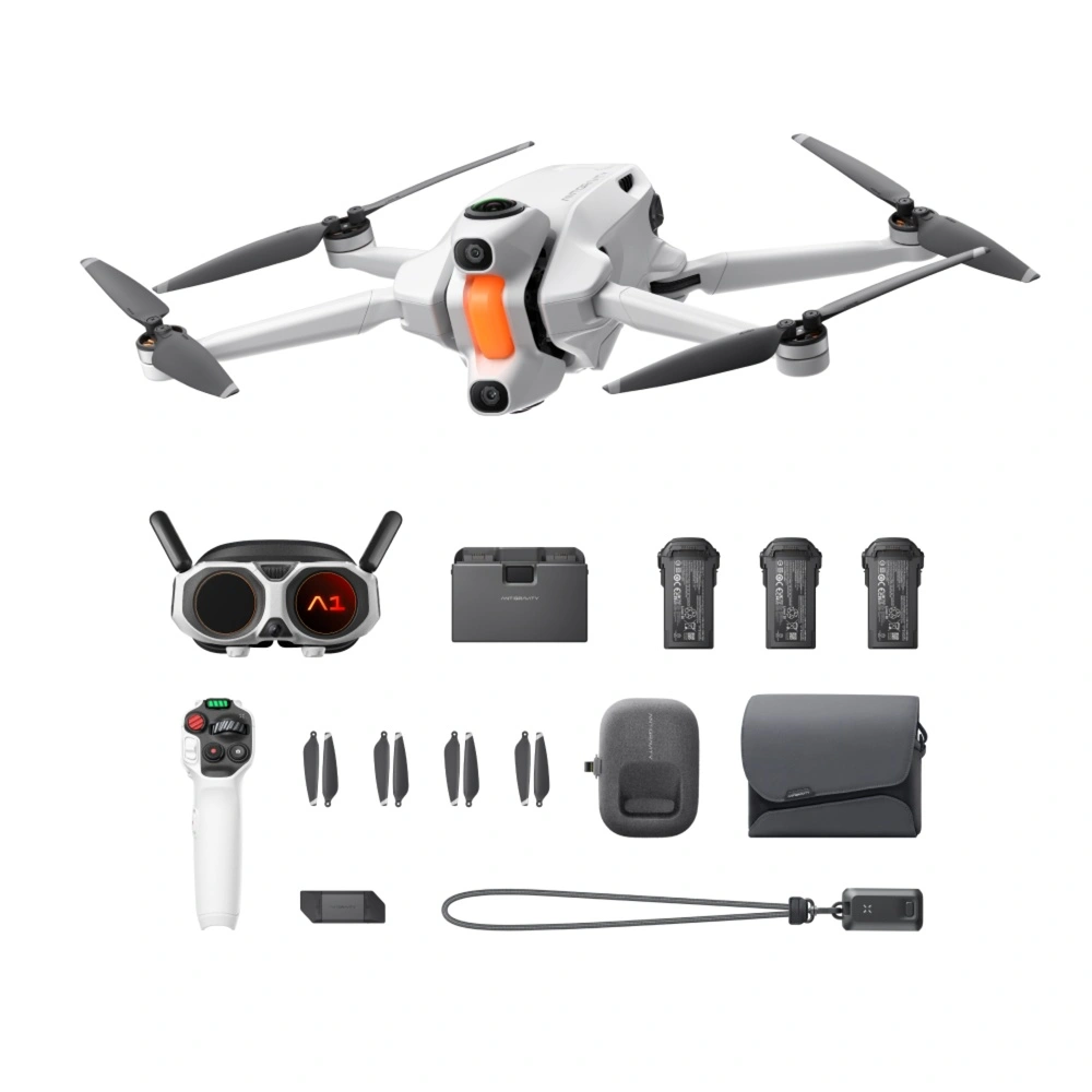 Antigravity A1 Infinity Bundle with the white 360° drone, Vision Goggles, Grip Controller, batteries, charging hub, carry case, sling bag and spare propellers.