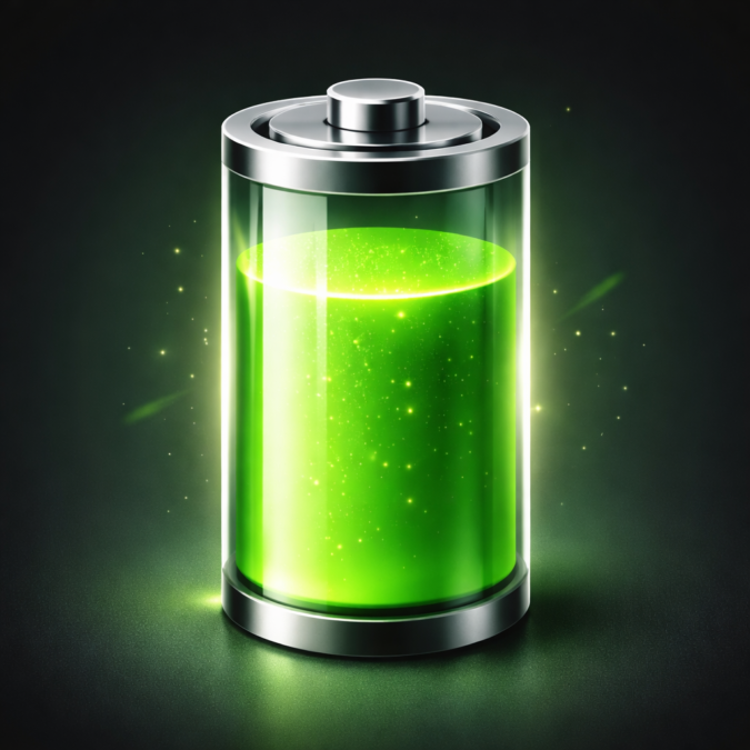 **Alt text:**
Green battery icon showing a nearly full charge with glowing energy effect.

